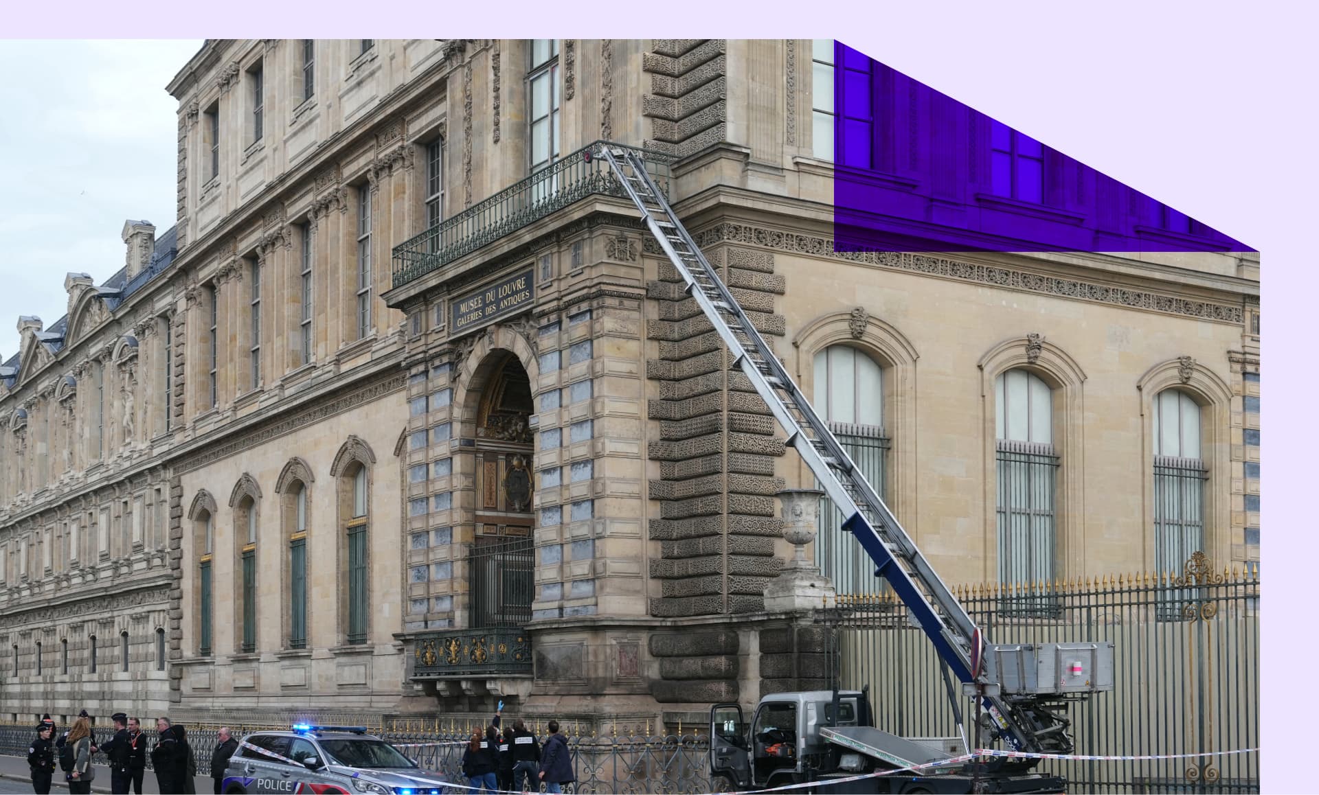 - French police officers stand next to a furniture elevator used by robbers to enter the Louvre Museum, on Quai Francois Mitterrand, in Paris on October 19, 2025.