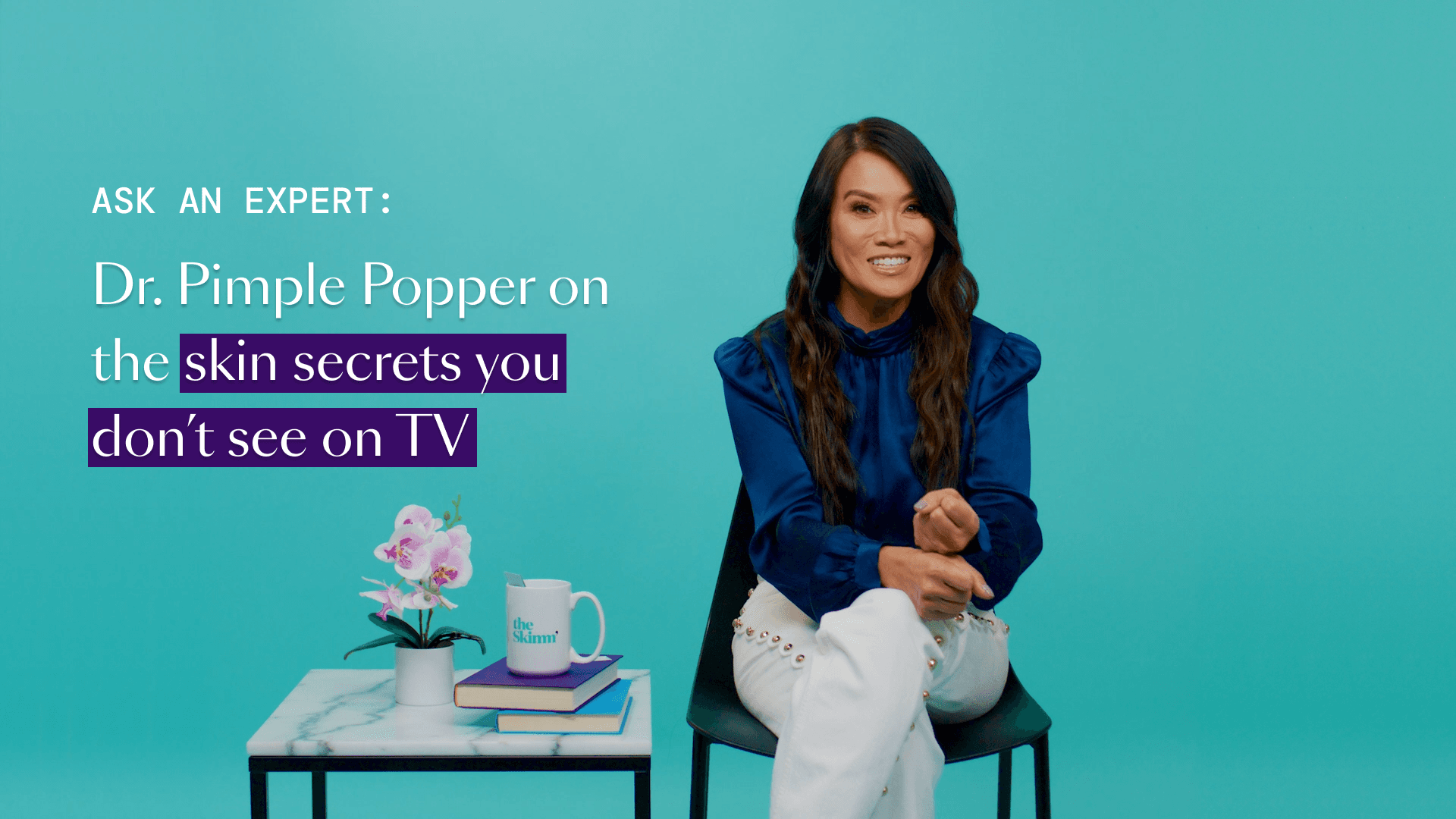 screengrab of opzelura ask an expert video with imagery of dr. pimple popper over teal background