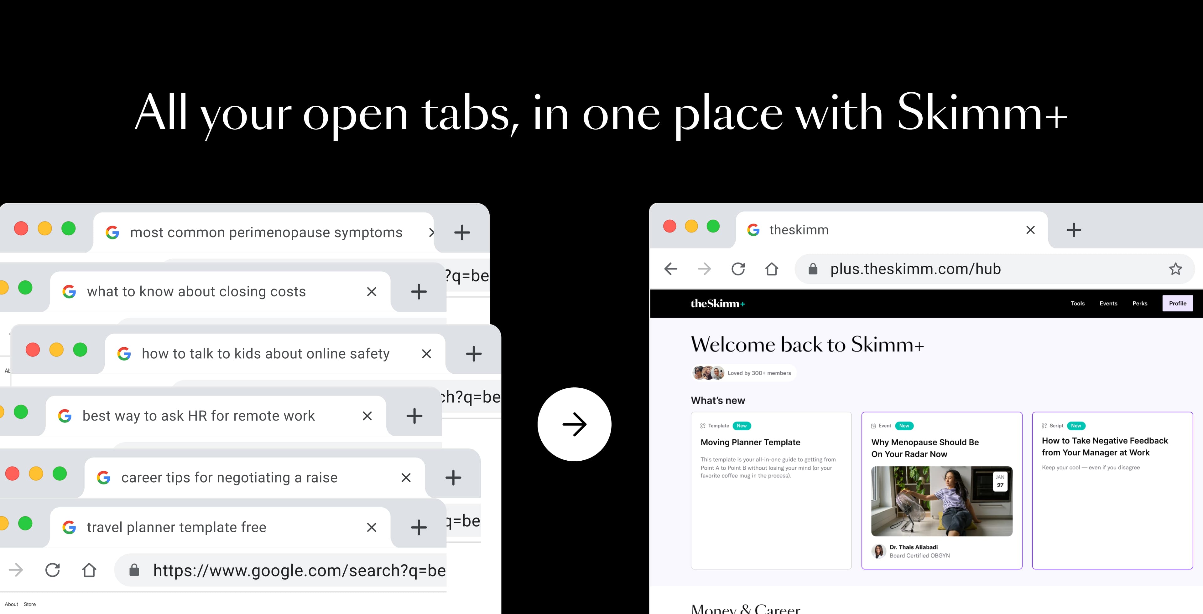 all your open tabs in one place with skimm plus