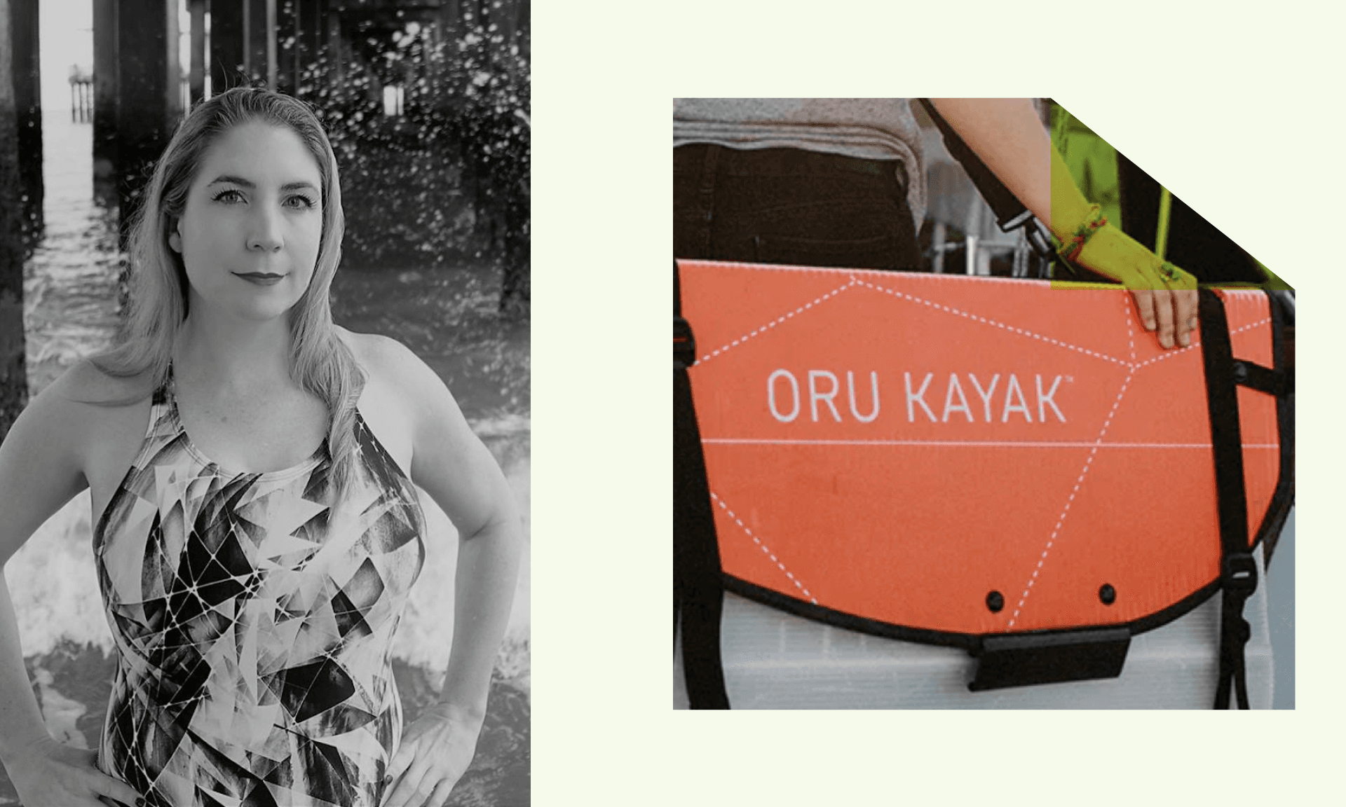 Jaimie Monahan headshot next to photo of kayak