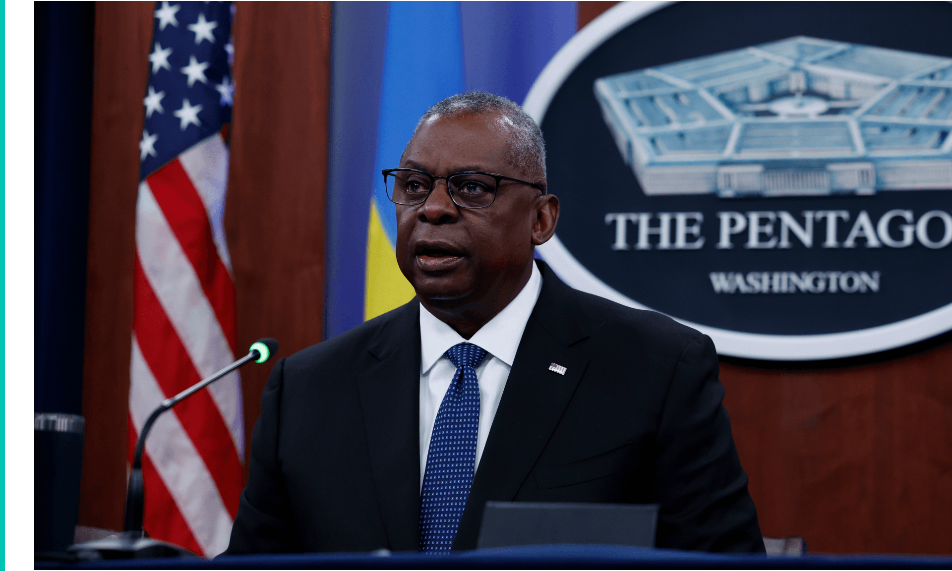 U.S. Secretary of Defense Lloyd Austin speaks during a virtual Ukraine Defense Contact Group (UDCG) meeting at the Pentagon