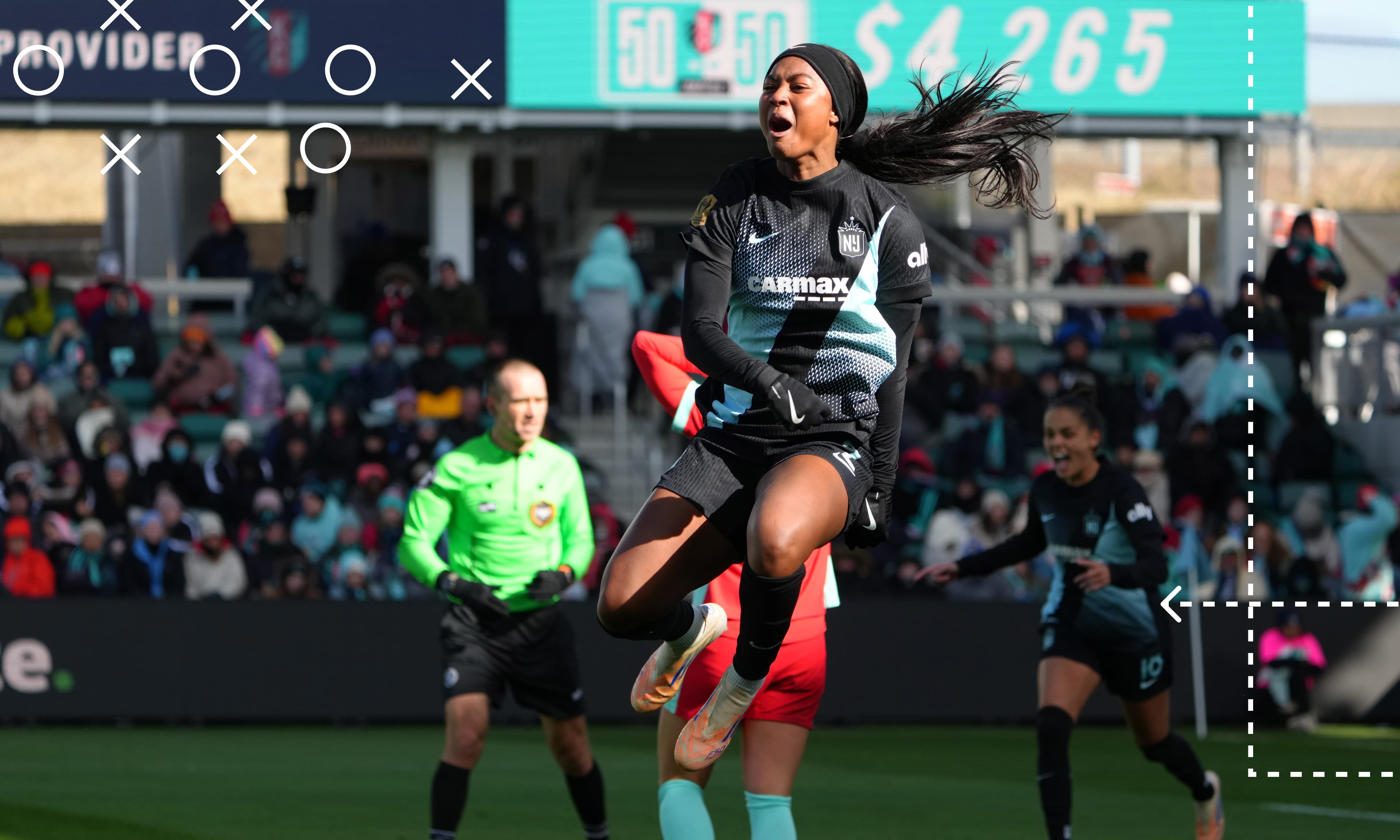 Jaedyn Shaw #2 of NJ/NY Gotham FC celebrates after scoring the team's first goal during the quarterfinal match between Kansas City Current and NJ/NY Gotham FC as part of the 2025 NWSL Playoffs
