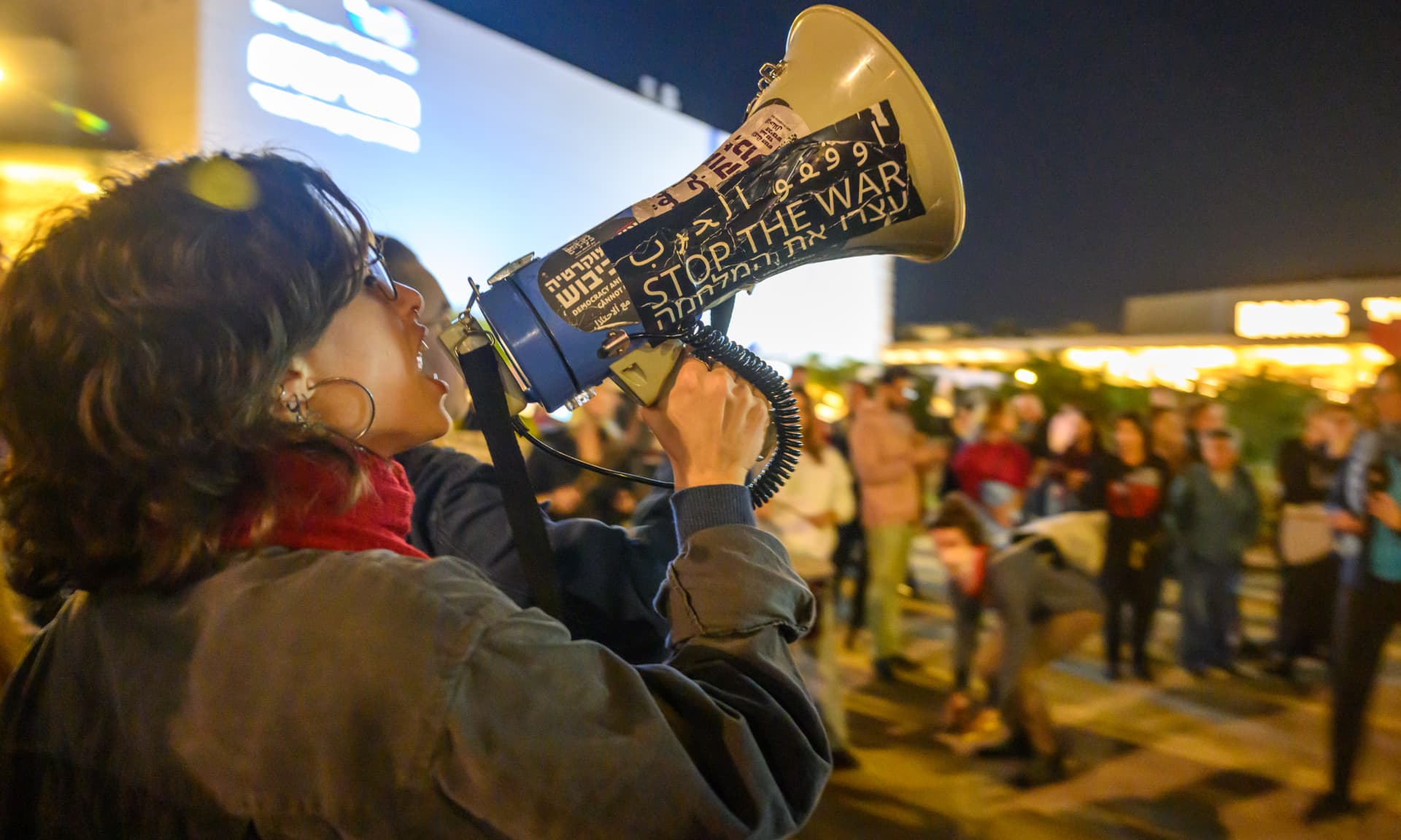 Protesters demonstrate outside Habima Square on December 16, 2023 in Tel Aviv, Israel.